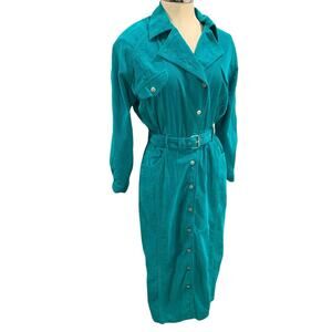 Size 8 Missy QPS Vintage 1980s Teal Corduroy Shirt Dress Retro Pockets